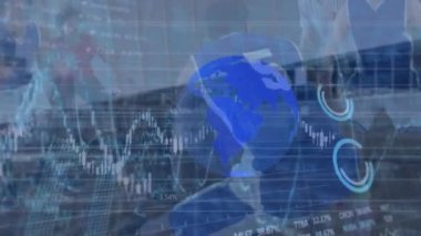 Animation of globe rotating over financial data processing. Global finance and business concept.