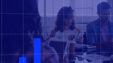 Animation of data processing and chemical lines over diverse business people talking. Global business finance stock market and technology concept digitally generated video.