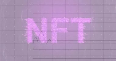 Nft text banner over grid network against statistical data processing against purple background. cryptocurrency and art technology concept