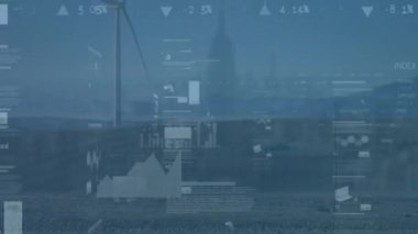Animation of scope scanning and data processing over cityscape. Global business and renewable energy technology concept.