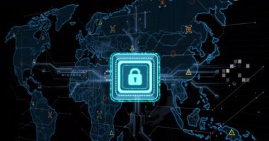 Animation of online security padlock, data processing and markers over world map. global connections and data processing concept digitally generated video.