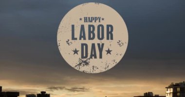 Animation of happy labor day text over cityscape. labor day and celebration concept digitally generated video.