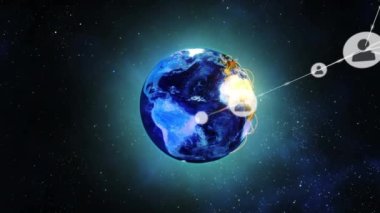 Animation of network of connections with icons over globe. Global connections digital interface data processing concept digitally generated video.
