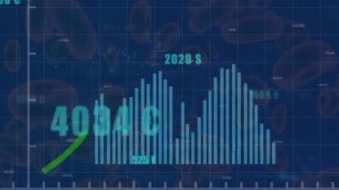 Animation of financial data processing on blue background. Global business finances connections and digital interface concept digitally generated video.