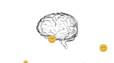 Multiple smiley face icons floating over human brain icon spinning against white background. mental health day awareness concept