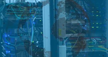 Data processing over spinning globe against close up of a computer server. computer interface and business data storage technology concept