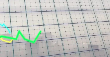 Animation of financial data processing over green background. Global business digital interface technology and networking concept digitally generated video.