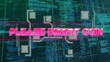 Digital animation of start text over neon banner against microprocessor connections. Video game interface and technology concept.