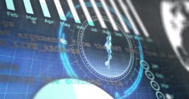 Statistical data processing and pound symbol over a round scanner against blue background. global economy and business technology concept