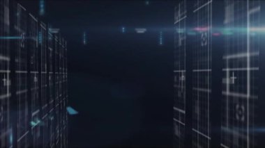 Animation of moving columns over data processing on black background. Global business finances data processing and technology concept digitally generated video.