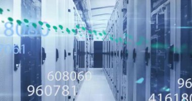 Multiple changing numbers floating against computer server room. computer interface and business data storage technology concept