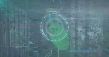 Animation of scope scanning and data processing over tech room surgeon network of connections. Global science connections technology and digital interface concept digitally generated image.