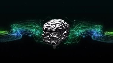 Human brain icon spinning over green and blue digital waves against black background. mental health day awareness concept