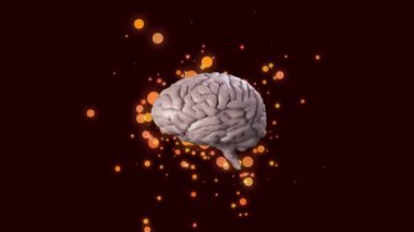 Human brain icon spinning over orange spots of light floating against black background. mental health day awareness concept