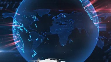 Drone camera flying over spinning globe and world map against blue background. world photo day awareness concept