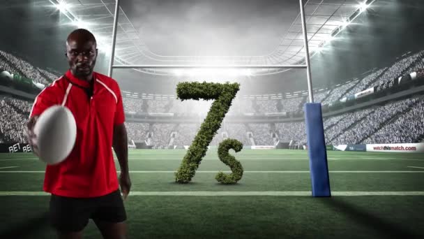 Animación Jugador Rugby Afroamericano Con Texto Estadio Deportes Campo Rugby — Vídeo de stock