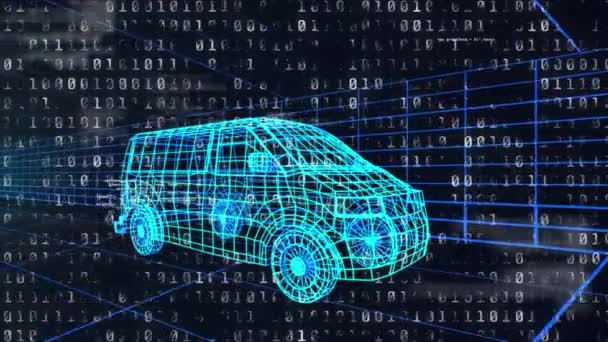 Animation Digital Data Processing Car Model Spinning Black Background Global — Vídeo de stock