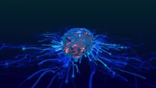 Human Brain Icon Spinning Glowing Blue Light Trails Black Background — Αρχείο Βίντεο