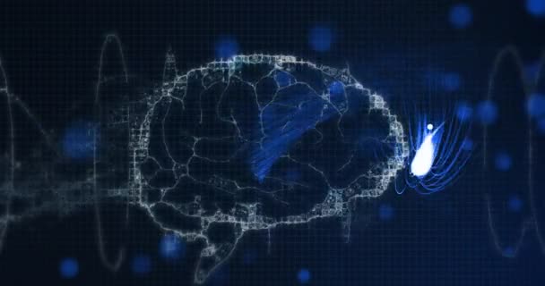 Digital Waves Human Brain Icon Blue Spots Light Blue Background — Vídeo de stock