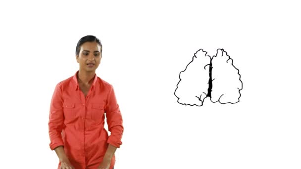 Przemyślana Hinduska Kobieta Przeciwko Ikonie Mózgu Przestrzenią Kopiowania Białym Tle — Wideo stockowe