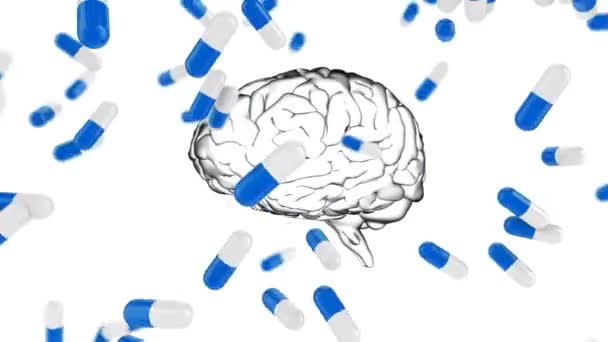 Multiple Medical Pill Icons Falling Human Brain Icon Spinning White — Stockvideo