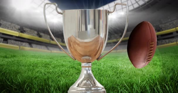Animation Silver Cup Rugby Balls Rugby Field Sports Stadium Sports — Vídeo de stock