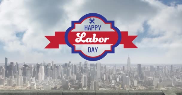 Animation Happy Labor Day Text Cityscape Labor Day Celebration Concept — Αρχείο Βίντεο