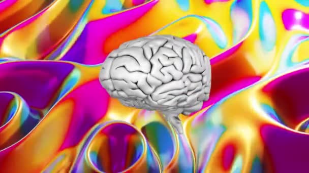 Ícone Cérebro Humano Girando Contra Fundo Colorido Efeito Líquido Metálico — Vídeo de Stock