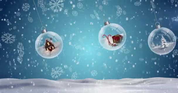 Snowflakes Falling Christmas Baubles Winter Landscape Spots Light Christmas Festivity — Stockvideo