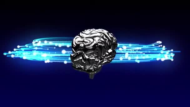 Human Brain Icon Spinning Blue Glowing Light Trails Blue Background — 图库视频影像