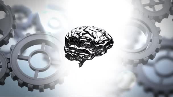 Human Brain Icon Spinning Spinning Gears Grey Background Mental Health — Vídeo de Stock