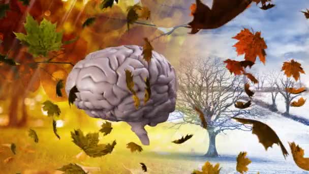 Autumn Leaves Falling Human Brain Icon Spinning Tree Winter Landscape — Αρχείο Βίντεο