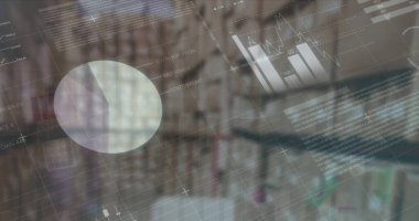 Depodaki paketlerin üzerinden finansal veri ve grafiklerin resmi. ticaret, dağıtım hizmetleri, ekonomi ve teknoloji dijital olarak üretilen imaj.