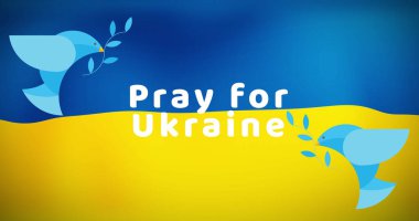 Image of pray for ukraine and dove over flag of ukraine. ukraine crisis and international politics concept digitally generated image.