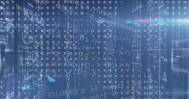 Image of data processing over screens of mosaic squares and light trails against blue background. Computer interface and business technology concept