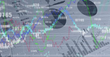 Image of graphs and financial data over grey background. global finance, economy and technology concept digitally generated image.