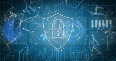 Image of connections, data and digital shield with padlock on blue background. global internet security, connections and data processing concept digitally generated image.