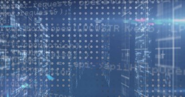 Image of data processing over screens of mosaic squares and light trails against blue background. Computer interface and business technology concept