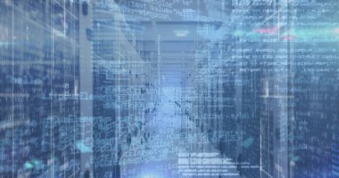 Image of data processing and light trails against empty computer server room. Computer interface and business data storage technology concept