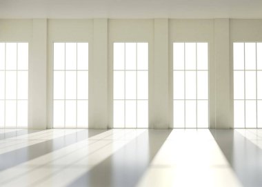 Digitally generated bright room with windows