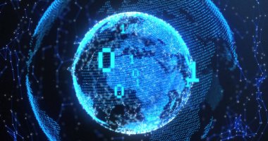 Image of binary coding and globe on black background. global technology and digital interface concept digitally generated image.