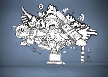 Illustration various symbols and signs coming out from laptop over gray wall