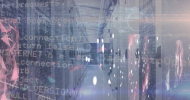 Image of data processing over connections, lights and servers. Network, connections, communication and technology concept digitally generated image.