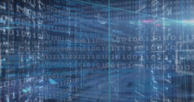 Image of binary coding data processing over screens of mosaic squares against blue background. Computer interface and business technology concept