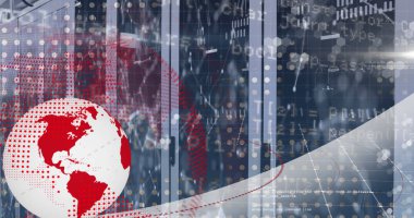 Image of spinning globe, network of connections and data processing over computer server room. Global networking and business data storage technology concept