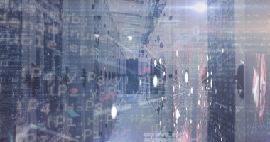 Image of data processing over connections, lights and servers. Network, connections, communication and technology concept digitally generated image.