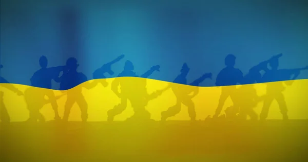 Image of flag of ukraine over soldiers silhouettes. ukraine crisis and international politics concept digitally generated image.