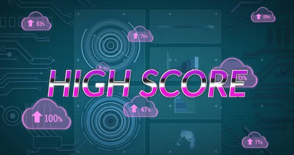Image of high score text and data processing on blue background. social media and communication interface concept digitally generated image.