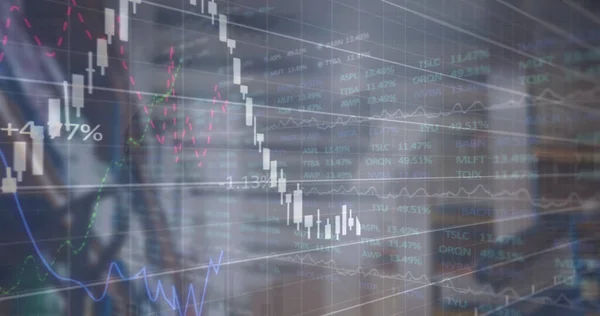 Image of financial data and graphs over packages in warehouse. trade, delivery services, economy and technology digitally generated image.