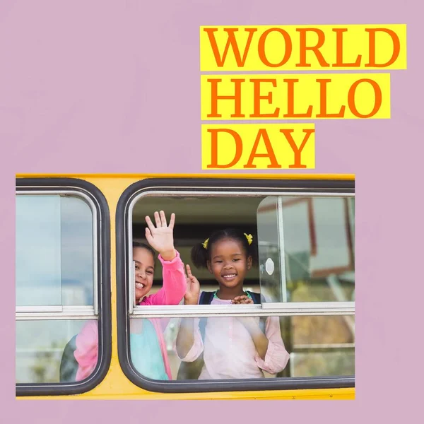 Composition of world hello day text with diverse schoolchildren waving from school bus. Hello day and celebration concept digitally generated image.